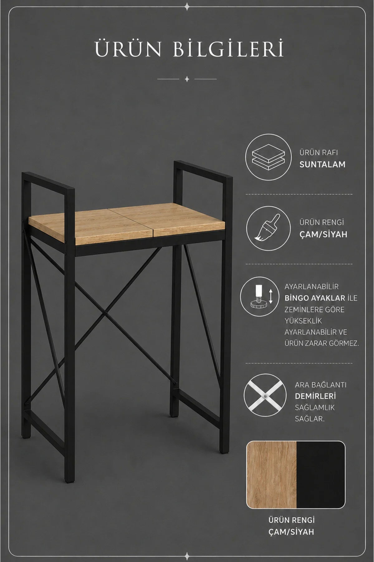 Lifos Çam/Siyah Raflı Çamaşır Makinesi Dolabı Kurutma Makinesi Dolabı Metal Banyo Dolabı