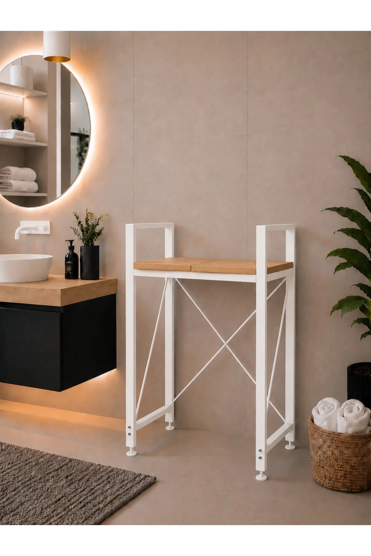 Lifos Çam/Beyaz Raflı Çamaşır Makinesi Dolabı Kurutma Makinesi Dolabı Metal Banyo Dolabı