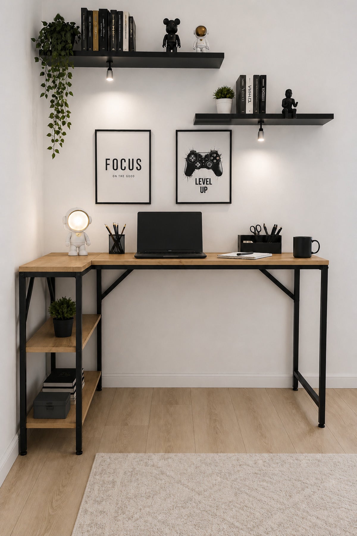 Çam/Siyah L Masa, Kitaplıklı, Raflı, 120 Cm Çalışma Masası, Bilgisayar, Pc, Oyuncu, Gaming Masası Metal Ayaklı