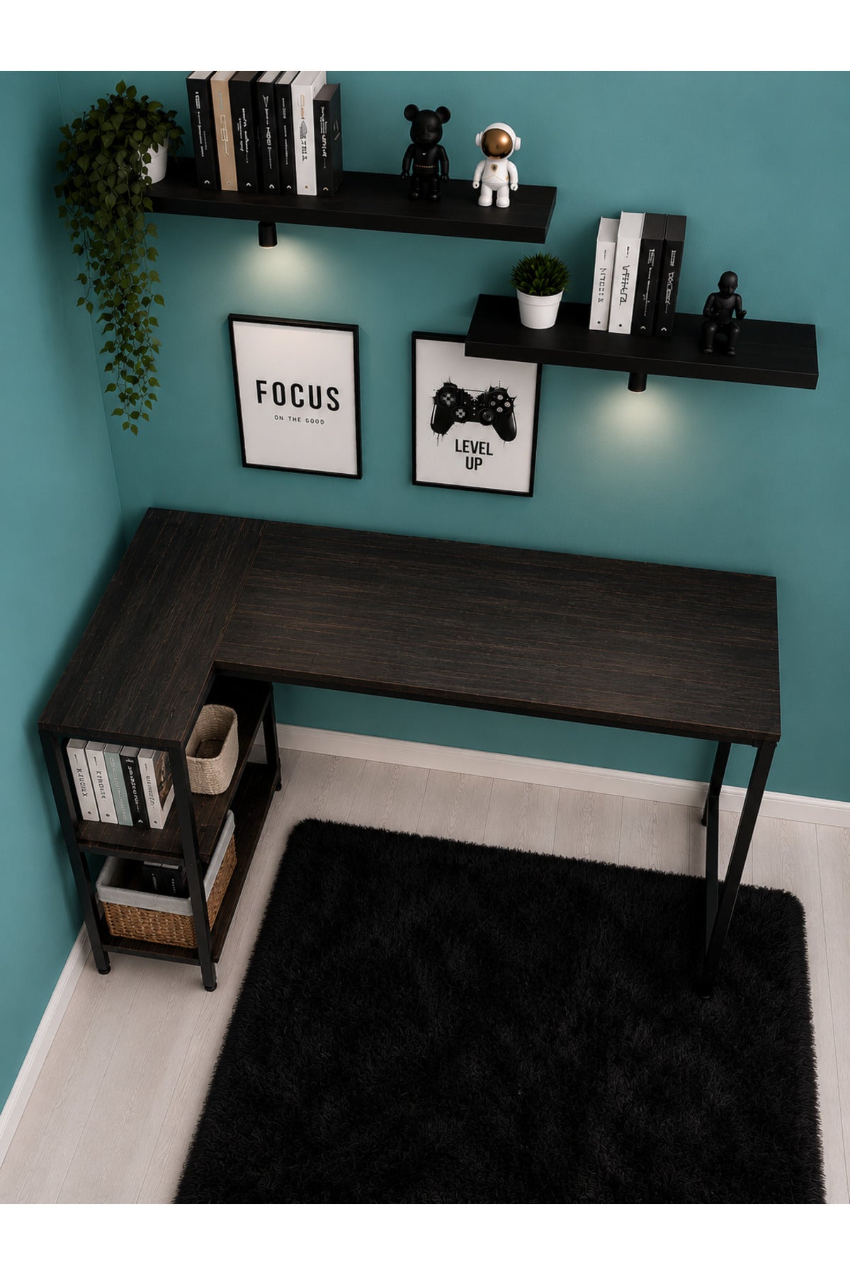 Siyah L Masa, Kitaplıklı, Raflı, 120 Cm Çalışma Masası, Bilgisayar, Pc, Oyuncu, Gaming Masası Metal Ayaklı