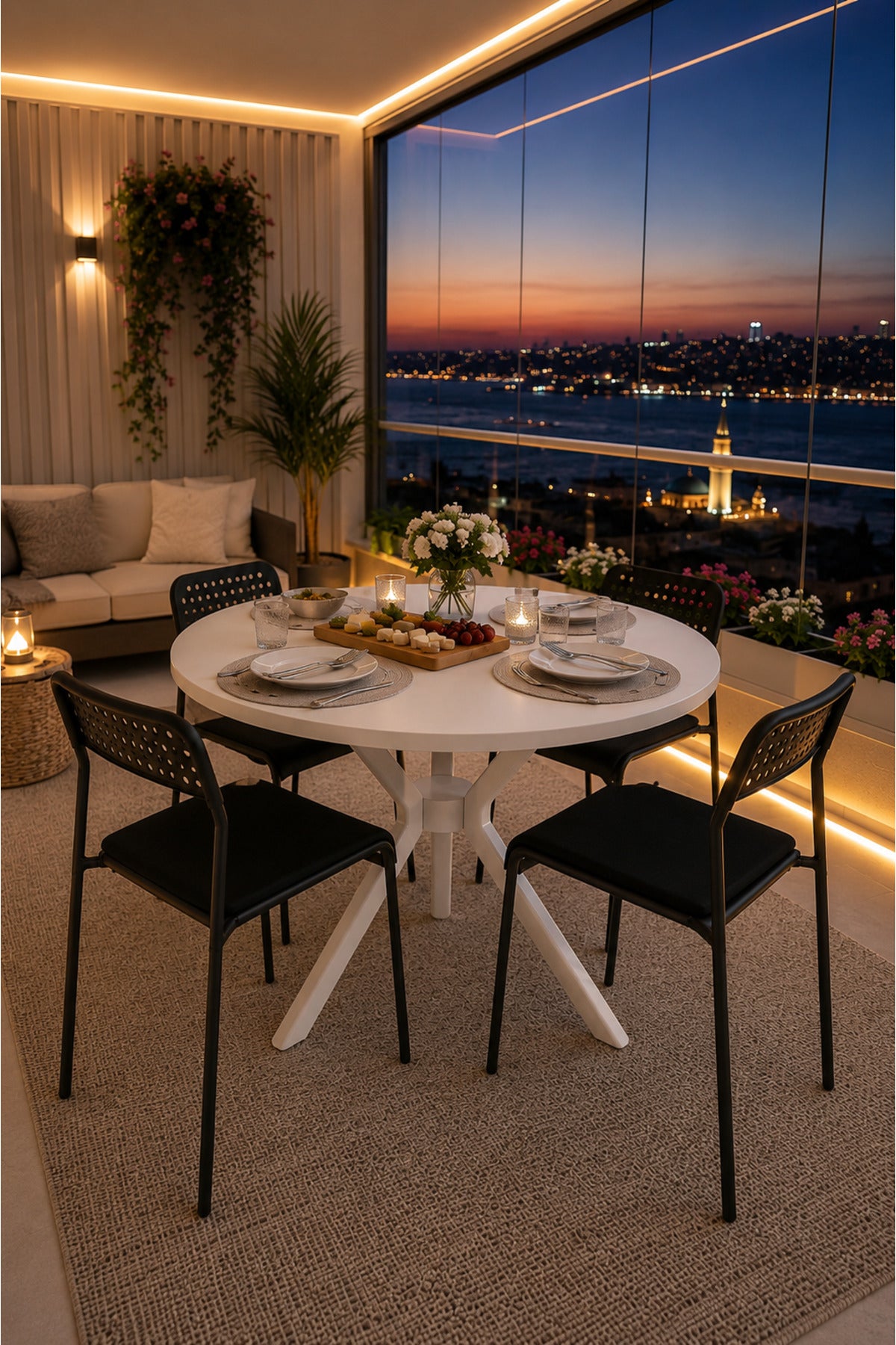 Beyaz 4 Kişilik Minderli Balkon Takımı, Balkon Masası, Balkon Sandalyesi, Yuvarlak Masa, Yemek Masası, Mutfak Masa Sandalye Takımı, 4 Sandalye 1 Ma