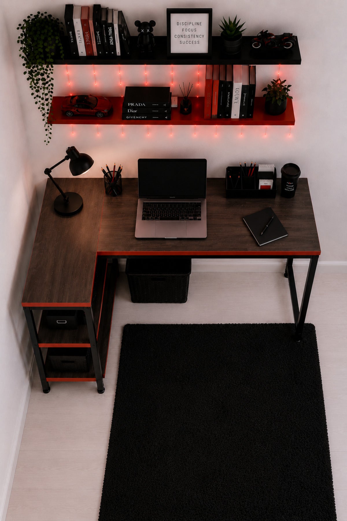 Siyah/Kırmızı L Masa, Kitaplıklı, Raflı, 120 Cm Çalışma Masası, Bilgisayar, Pc, Oyuncu, Gaming Masası Metal Ayaklı