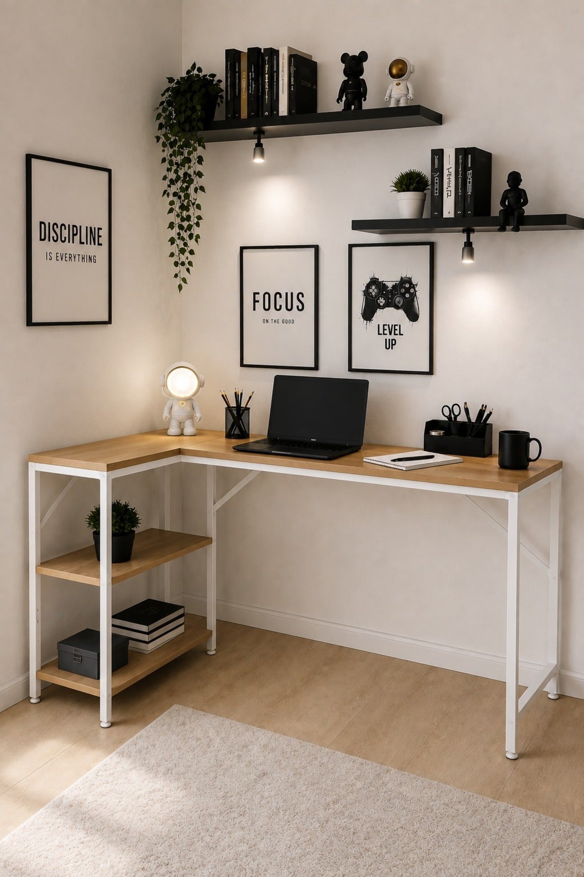 Çam/Beyaz L Masa, Kitaplıklı, Raflı, 120 Cm Çalışma Masası, Bilgisayar, Pc, Oyuncu, Gaming Masası Metal Ayaklı