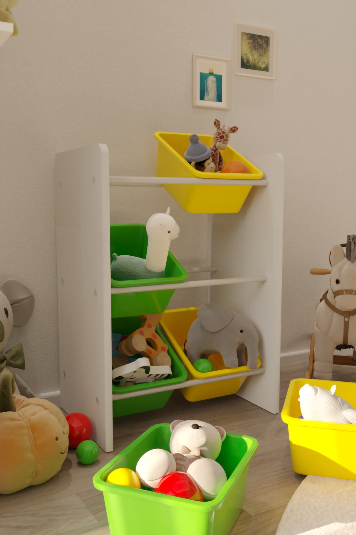 6 Sepetli Yeşil ve Sarı Oyuncak Dolabı, Çok Amaçlı Dolap, Montessori Dolap