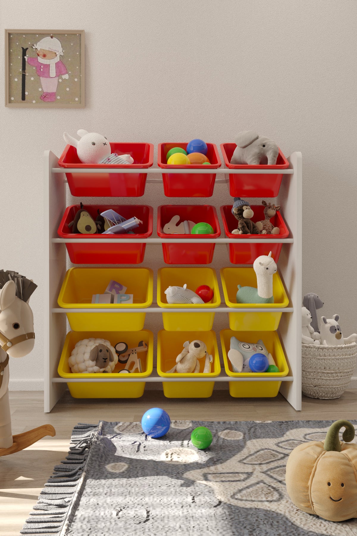 12 Sepetli Kırmızı ve Sarı Oyuncak Dolabı, Çok Amaçlı Dolap, Montessori Dolap