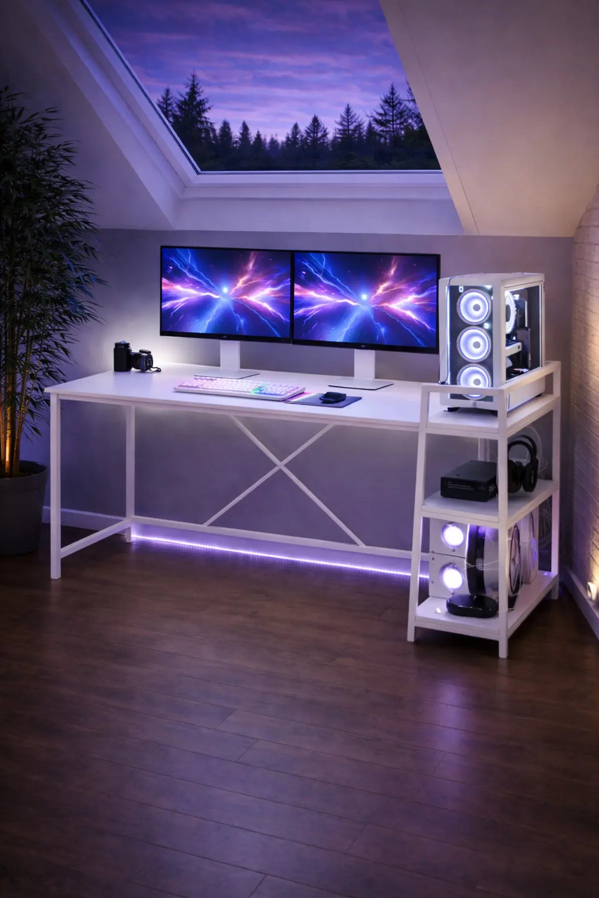 Flinder Flinder Beyaz Çift Yön Kullanıma Uygun, Raflı Gamer Oyuncu Masası, Bilgisayar Masası, Çalışma Masası