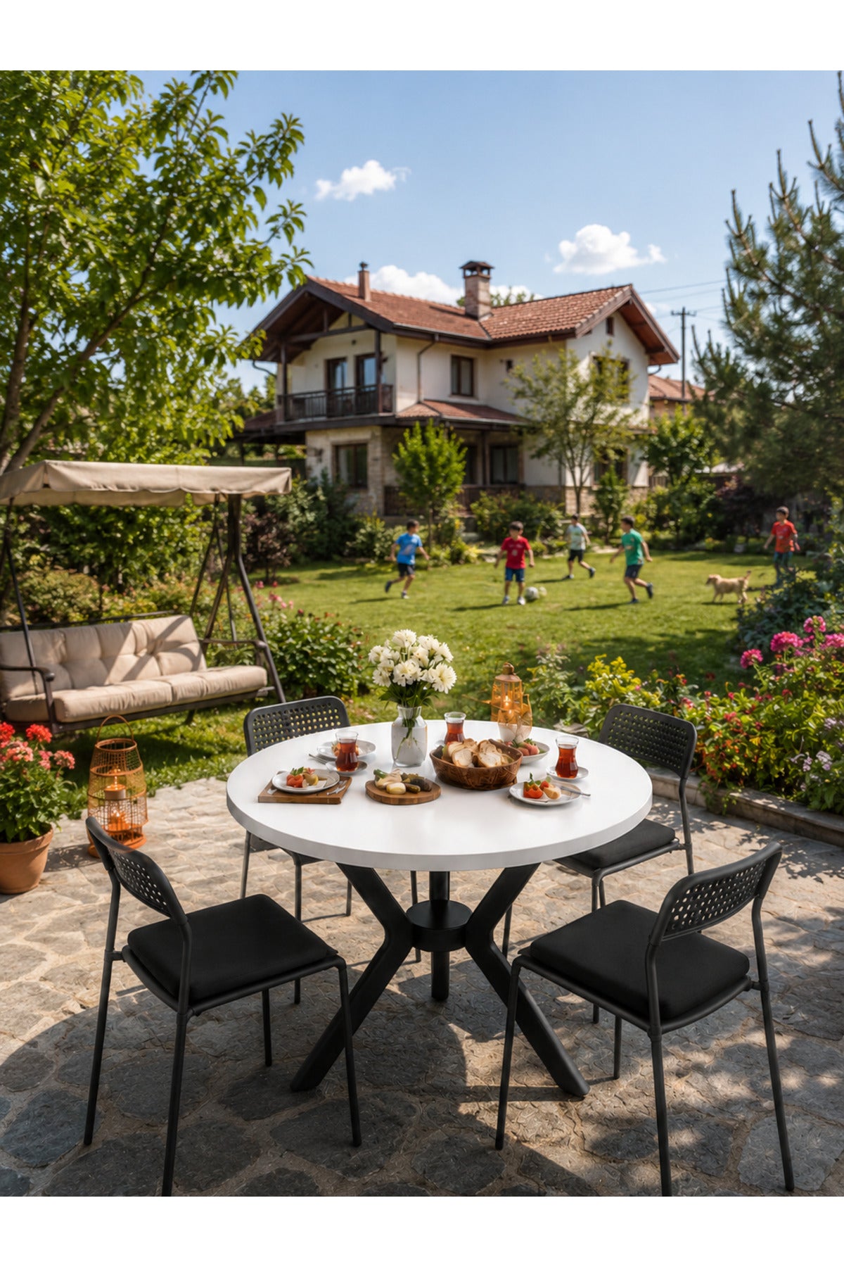 Beyaz 4 Kişilik Minderli Bahçe Balkon Takımı, Bahçe Takımı, Bahçe Mobilyası, Yuvarlak Masa, Yemek Masası, Mutfak Masa Sandalye Takımı, 4 Sandalye 1 Masa