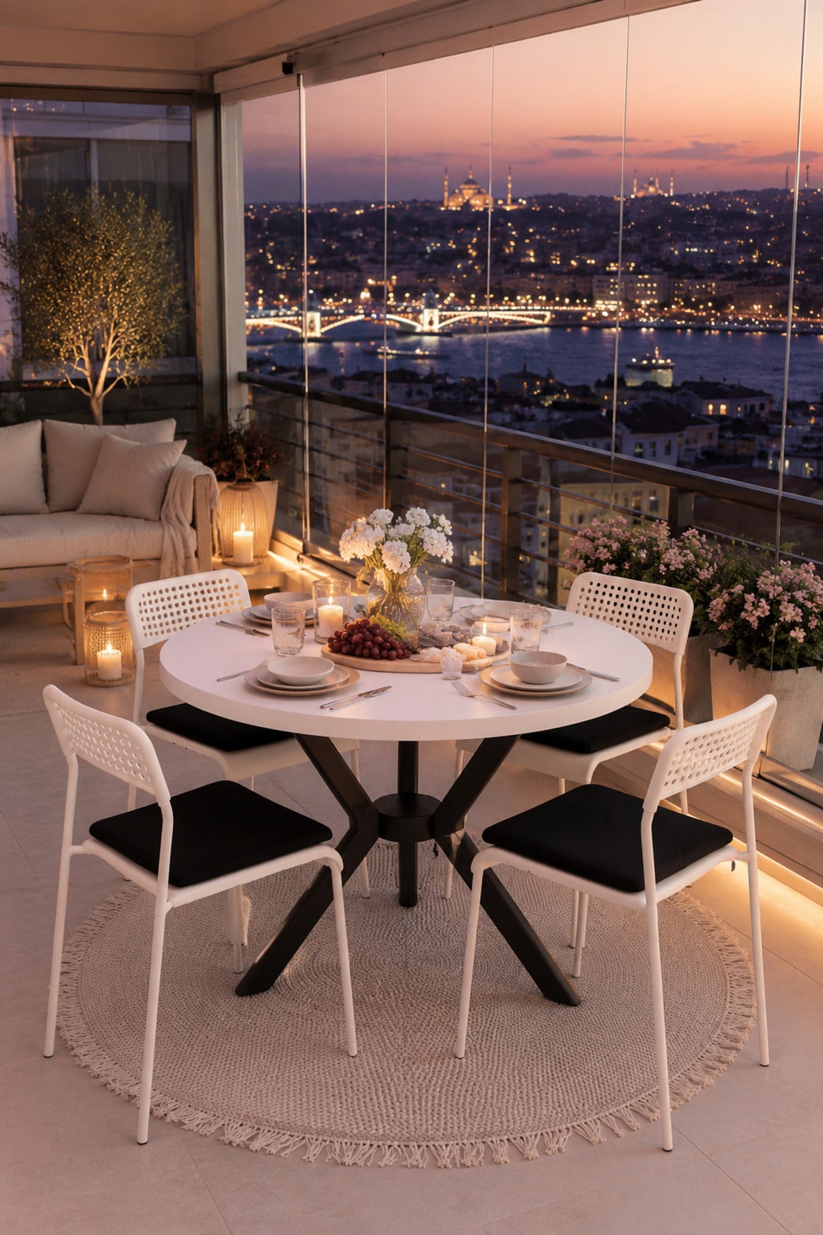 Beyaz 4 Kişilik Minderli Balkon Takımı, Balkon Masası, Balkon Sandalyesi, Yuvarlak Masa, Yemek Masası, Mutfak Masa Sandalye Takımı, 4 Sandalye 1 Masa