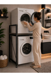 Lifos Siyah Raflı Çamaşır Makinesi Dolabı Kurutma Makinesi Dolabı Metal Banyo Dolabı