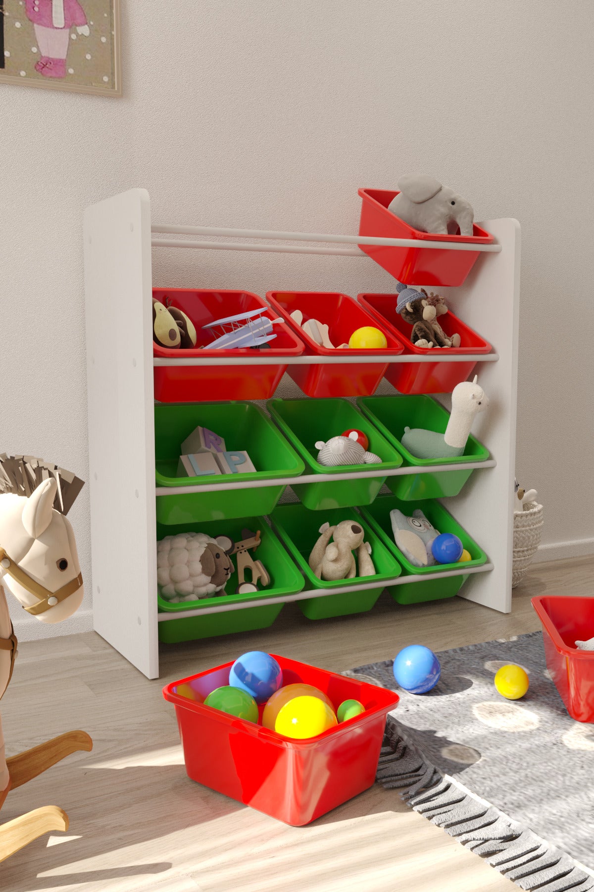 12 Sepetli Kırmızı ve Yeşil Oyuncak Dolabı, Çok Amaçlı Dolap, Montessori Dolap