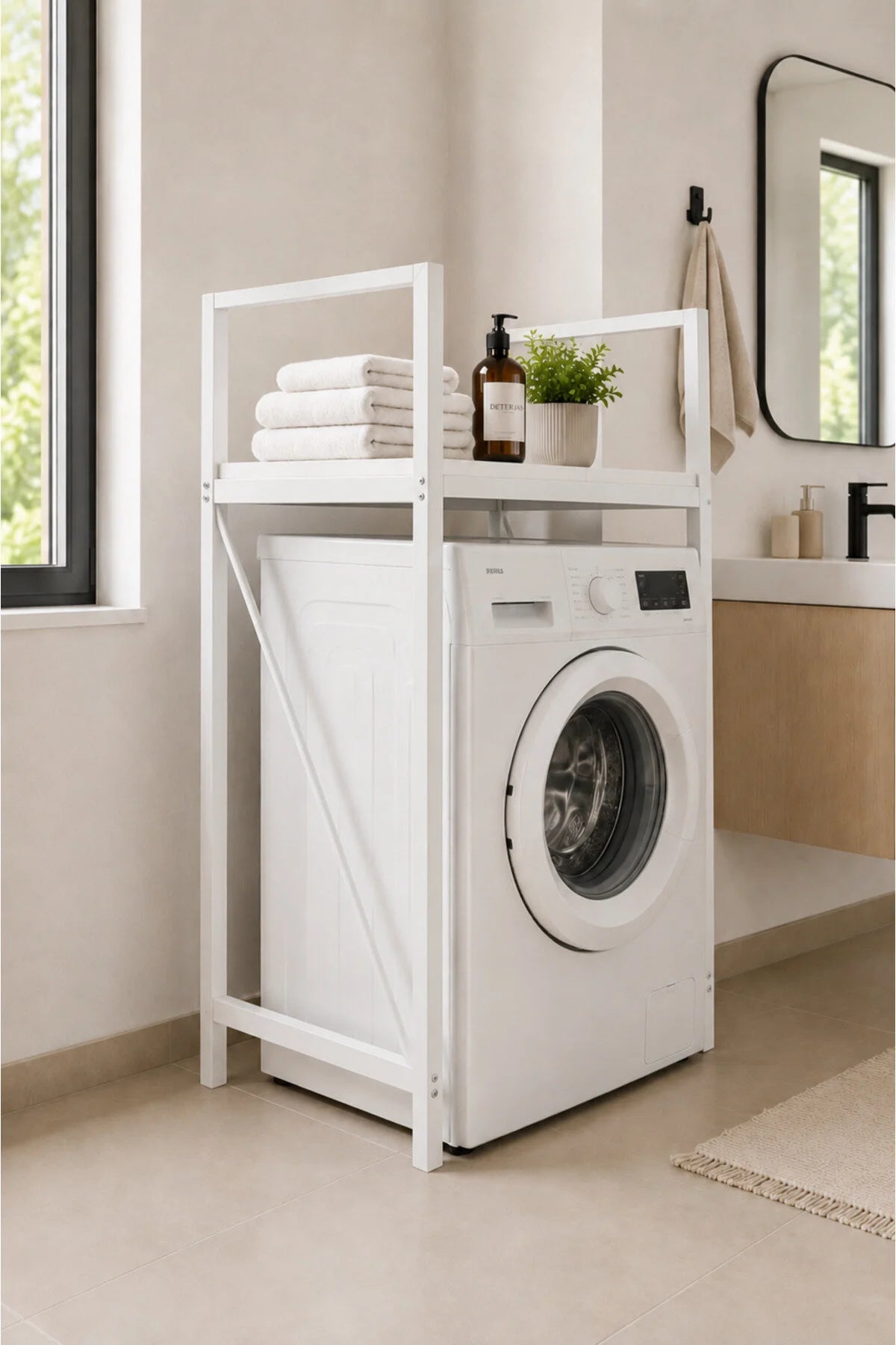 Lifos Beyaz Raflı Çamaşır Makinesi Dolabı Kurutma Makinesi Dolabı Metal Banyo Dolabı