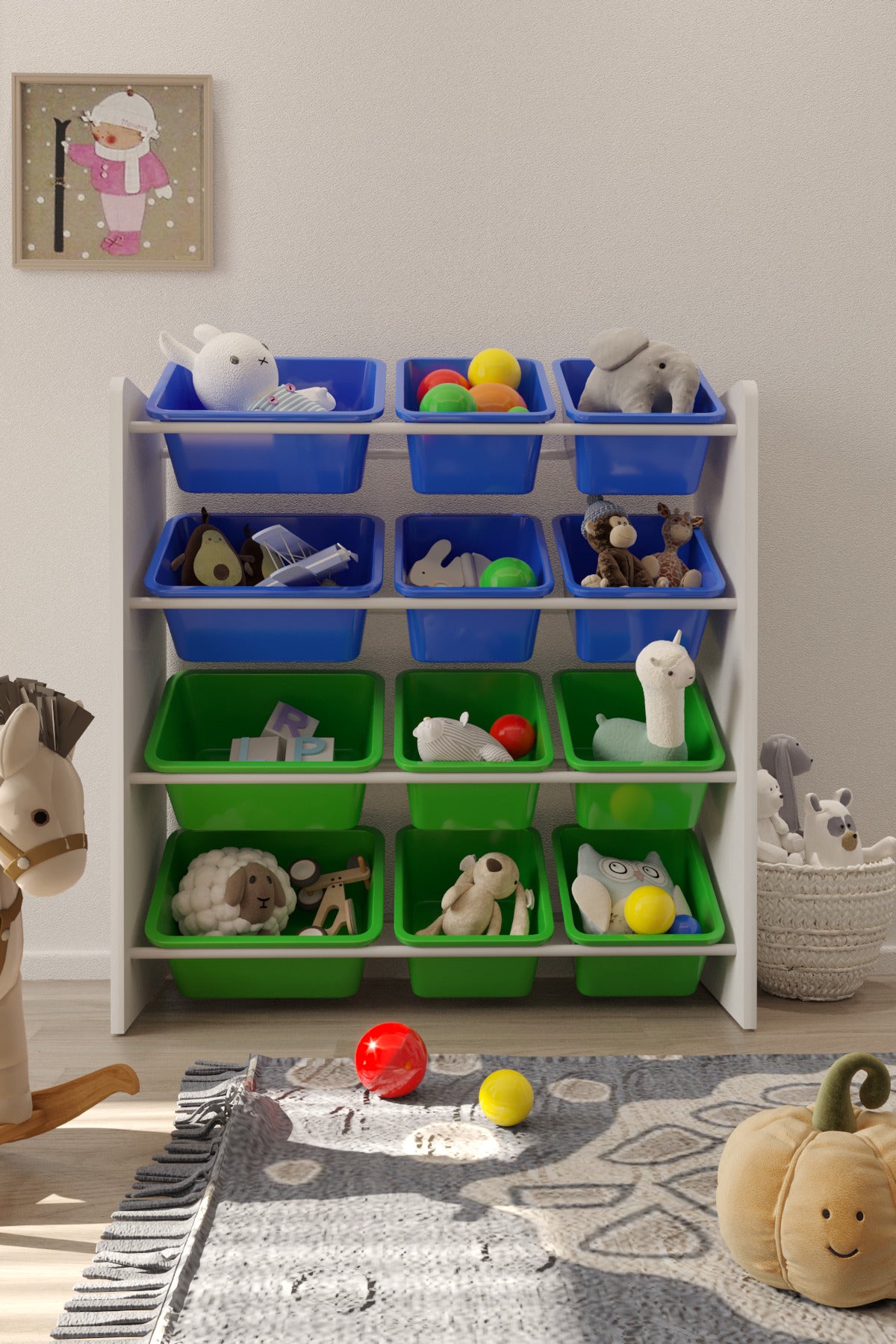 12 Sepetli Mavi ve Yeşil Oyuncak Dolabı, Çok Amaçlı Dolap, Montessori Dolap