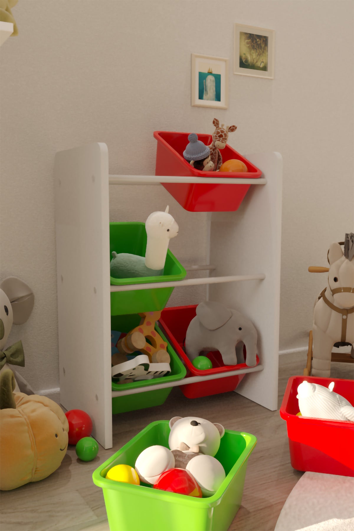 6 Sepetli Yeşil ve Kırmızı Oyuncak Dolabı, Çok Amaçlı Dolap, Montessori Dolap