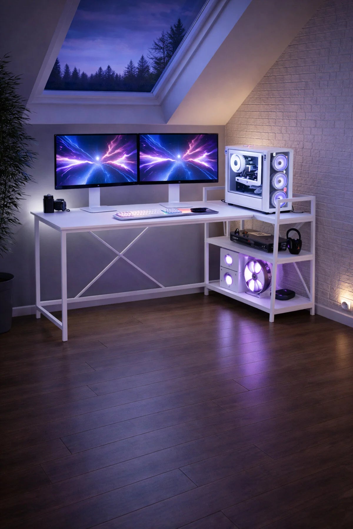 Flinder Flinder Beyaz Çift Yön Kullanıma Uygun, Raflı Gaming Oyuncu Masası Geniş Kullanım Alanlı, Bilgisayar Masası