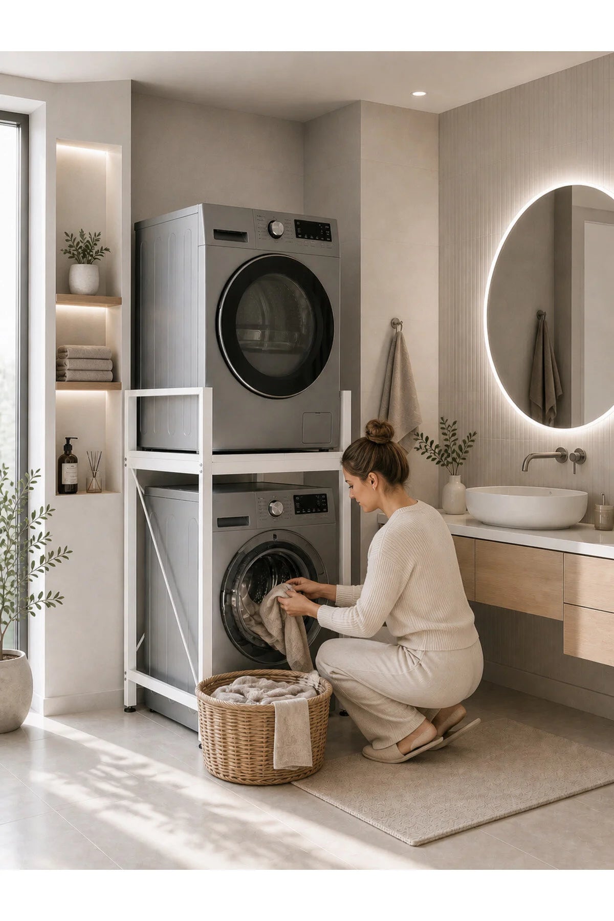 Lifos Beyaz Raflı Çamaşır Makinesi Dolabı Kurutma Makinesi Dolabı Metal Banyo Dolabı