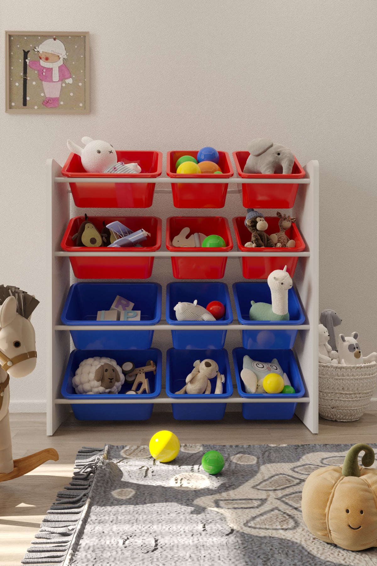 12 Sepetli Kırmızı ve Mavi Oyuncak Dolabı, Çok Amaçlı Dolap, Montessori Dolap