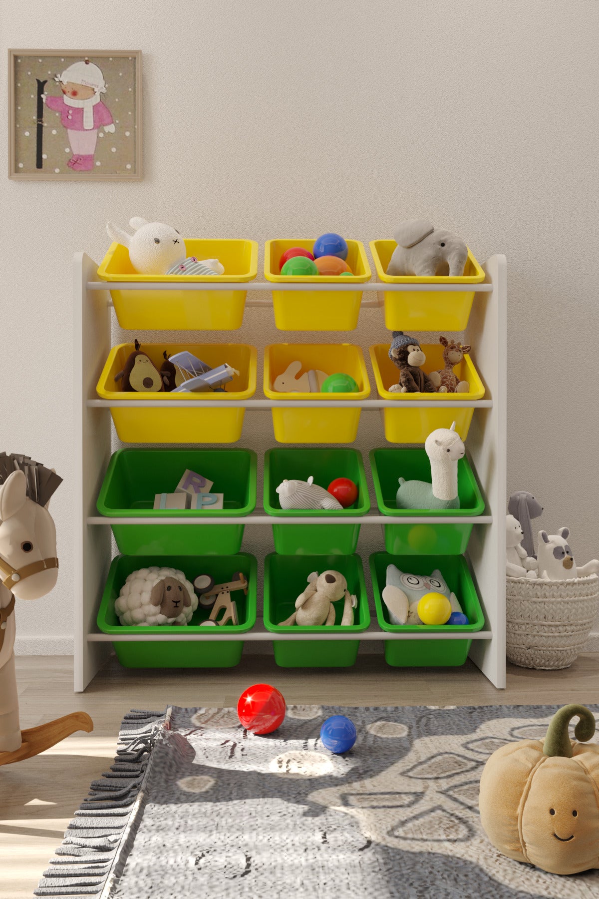 12 Sepetli Sarı ve Yeşil Oyuncak Dolabı, Çok Amaçlı Dolap, Montessori Dolap