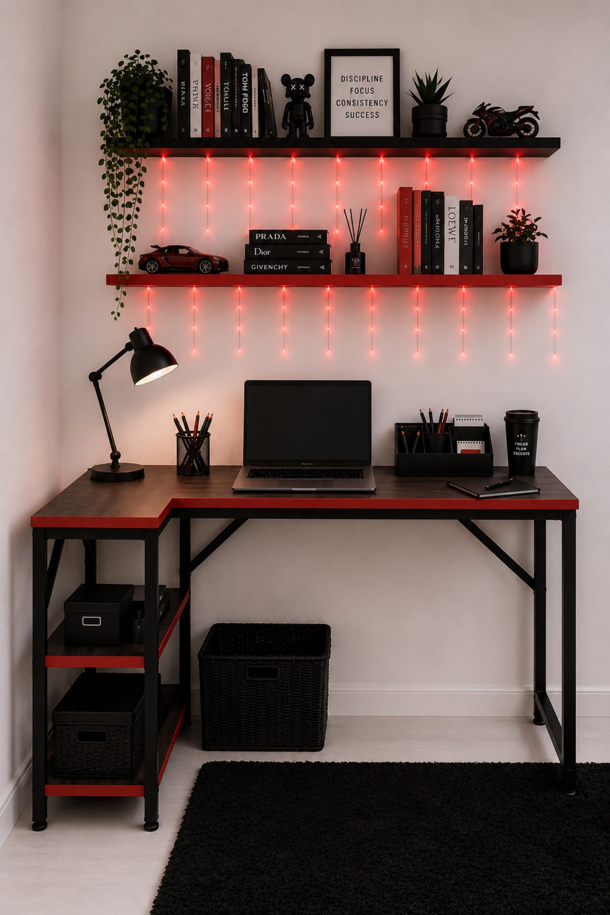 Siyah/Kırmızı L Masa, Kitaplıklı, Raflı, 120 Cm Çalışma Masası, Bilgisayar, Pc, Oyuncu, Gaming Masası Metal Ayaklı