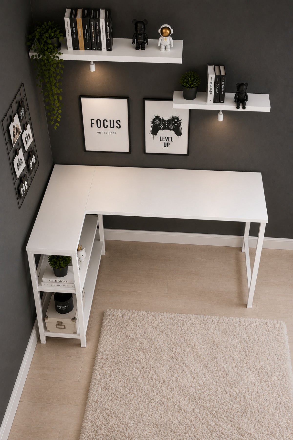 Beyaz L Masa, Kitaplıklı, Raflı, 120 Cm Çalışma Masası, Bilgisayar, Pc, Oyuncu, Gaming Masası Metal Ayaklı