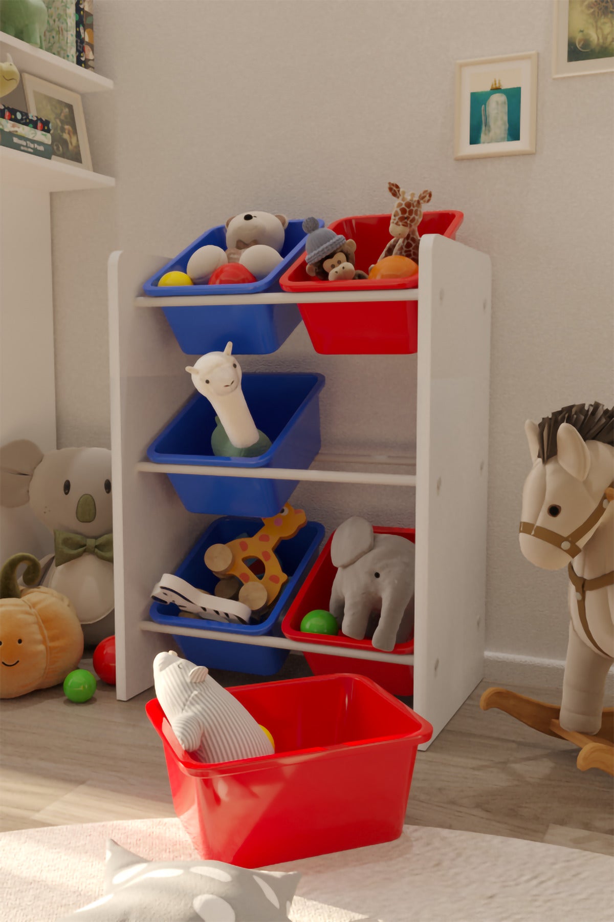 6 Sepetli Mavi ve Kırmızılı Oyuncak Dolabı, Çok Amaçlı Dolap, Montessori Dolap