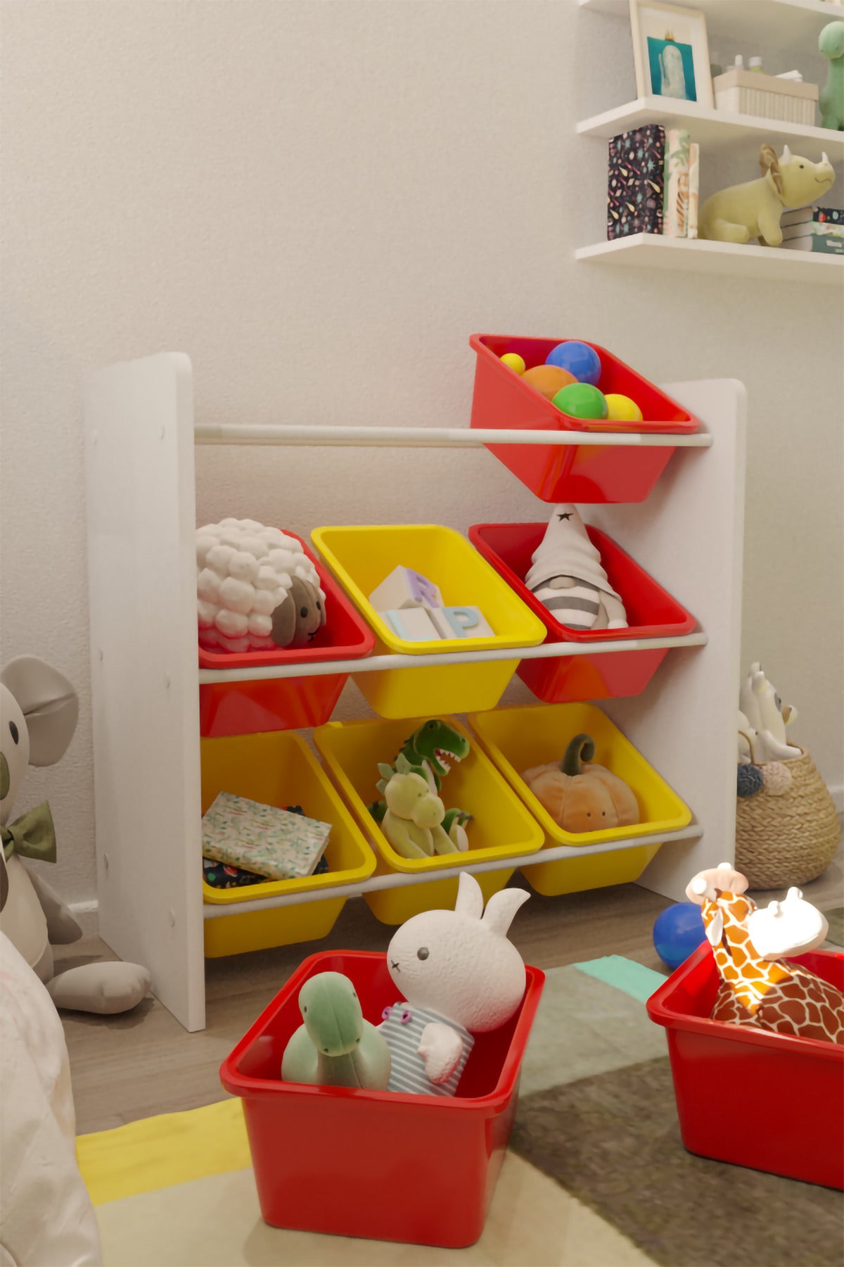 9 Sepetli Kırmızı ve Sarı Oyuncak Dolabı, Çok Amaçlı Dolap, Montessori Dolap