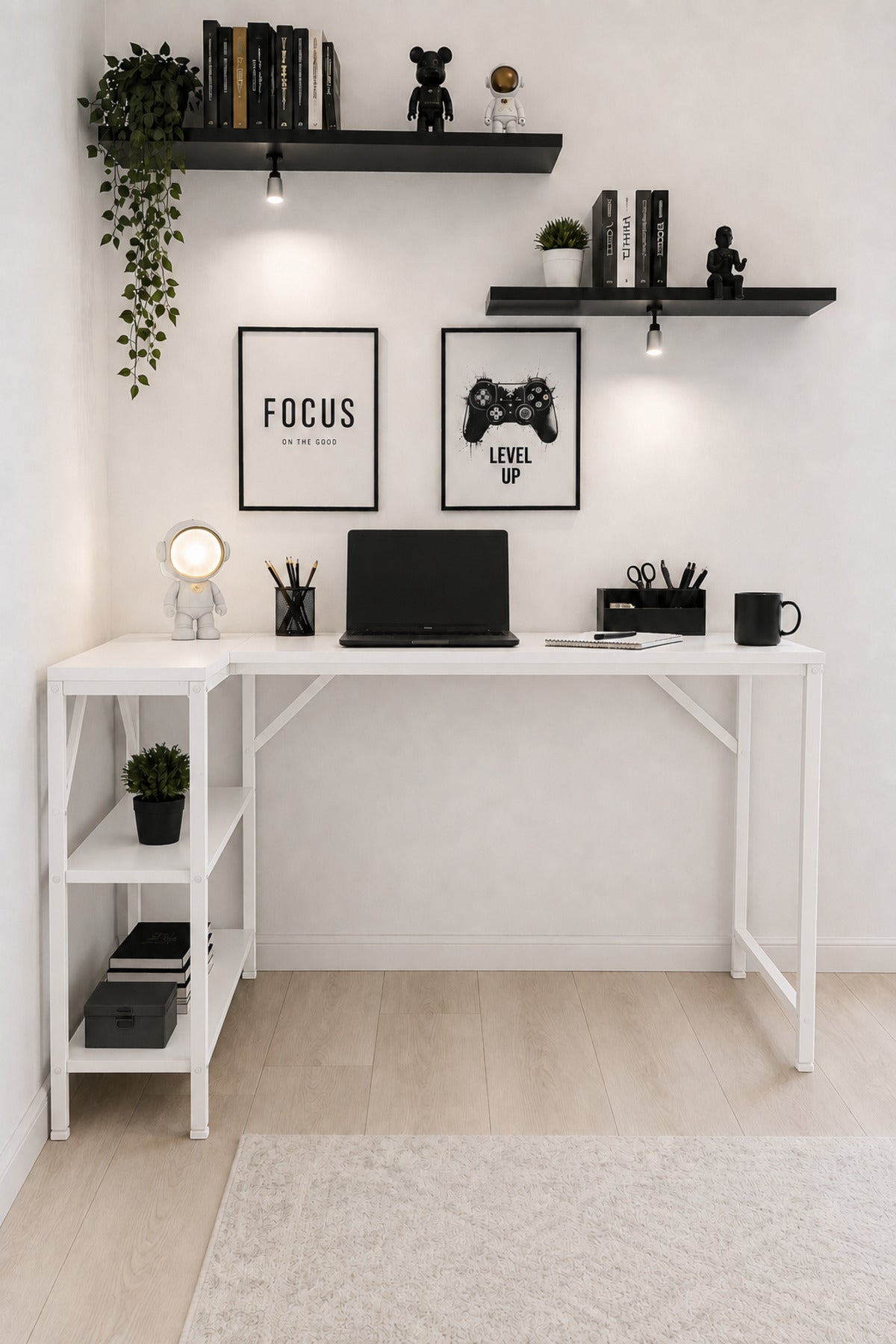 Beyaz L Masa, Kitaplıklı, Raflı, 120 Cm Çalışma Masası, Bilgisayar, Pc, Oyuncu, Gaming Masası Metal Ayaklı