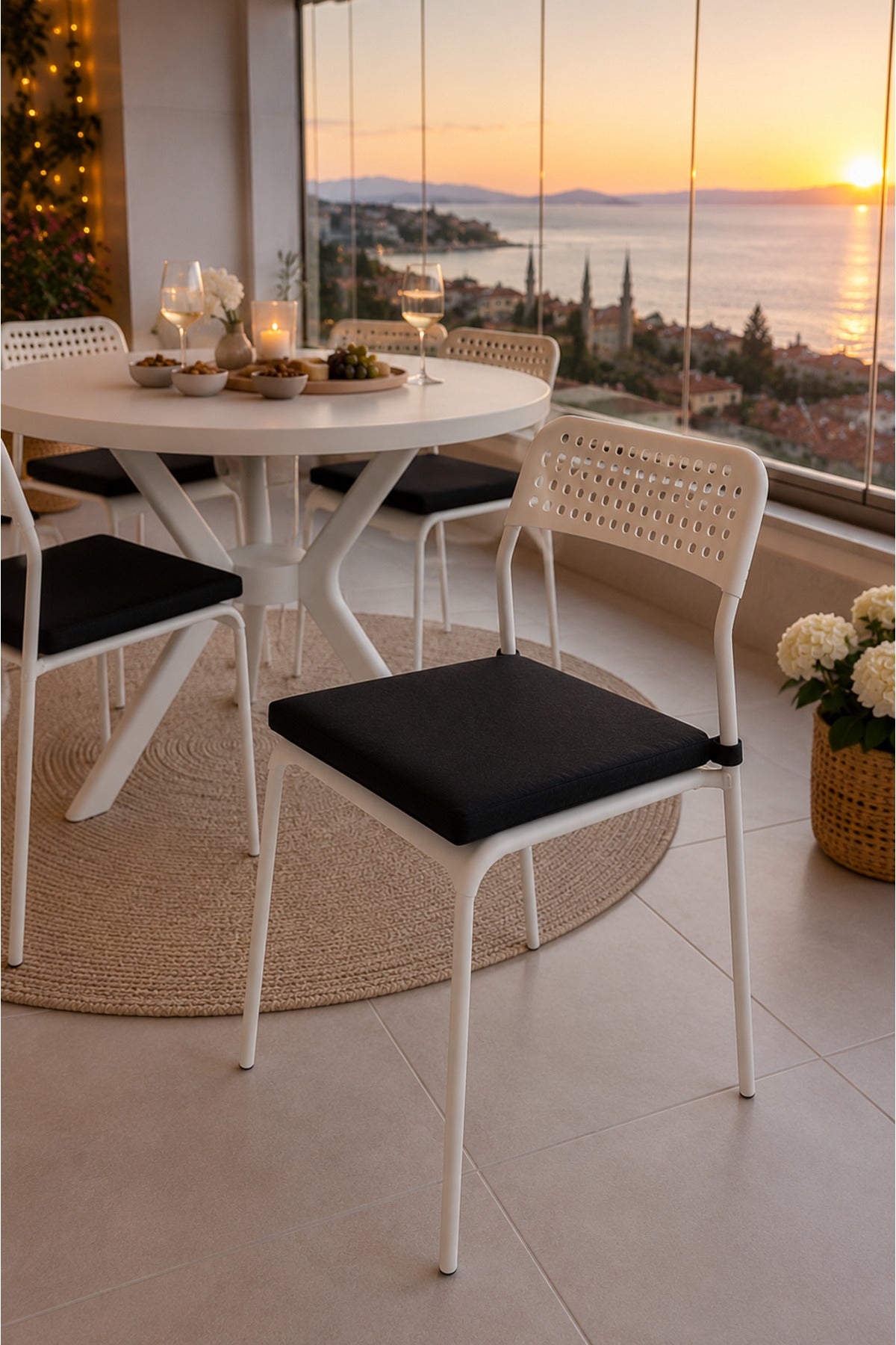 Beyaz 4 Kişilik Minderli Balkon Takımı, Balkon Masası, Balkon Sandalyesi, Yuvarlak Masa, Yemek Masası, Mutfak Masa Sandalye Takımı, 4 Sandalye 1 Masa