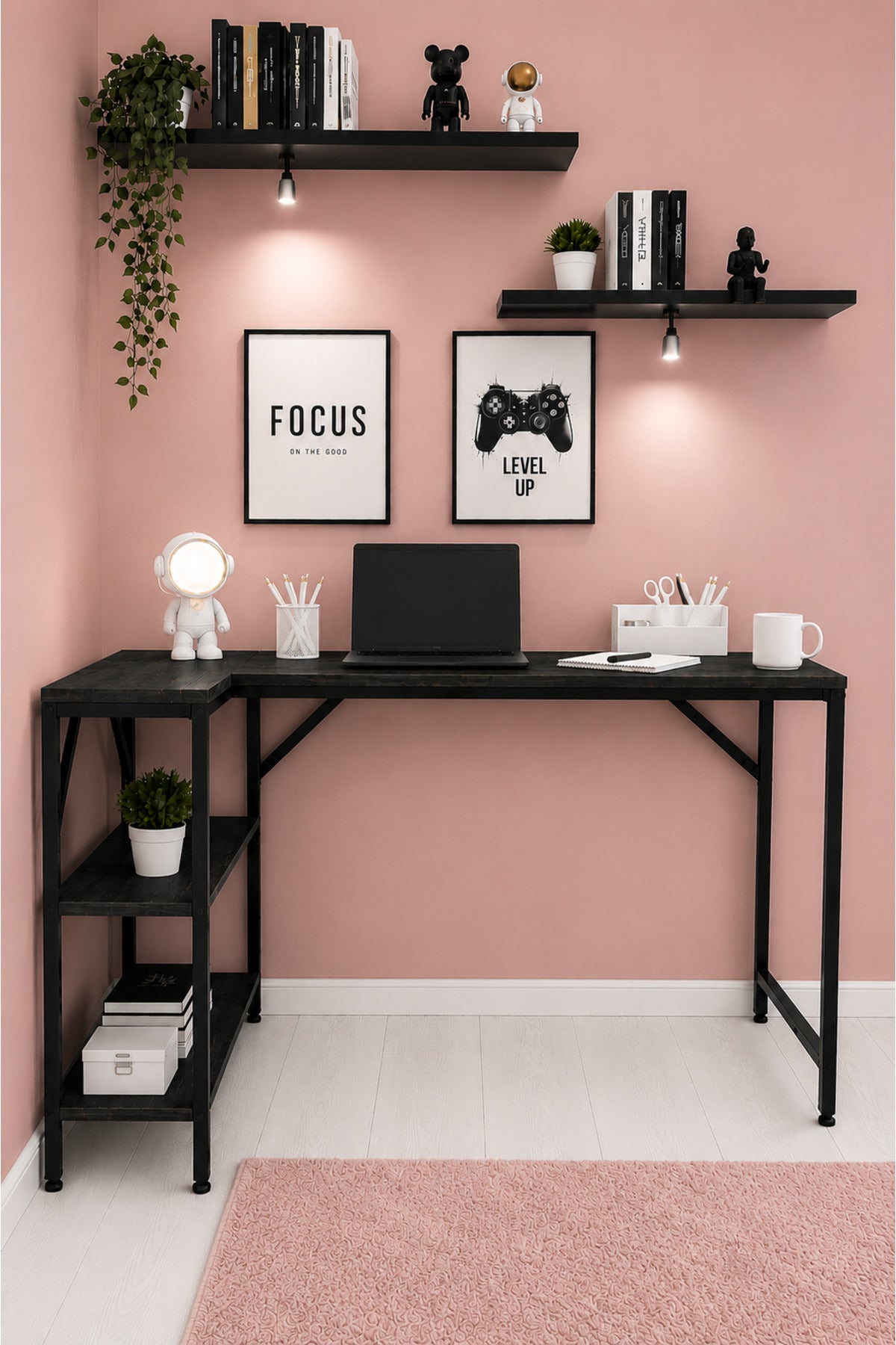 Siyah L Masa, Kitaplıklı, Raflı, 120 Cm Çalışma Masası, Bilgisayar, Pc, Oyuncu, Gaming Masası Metal Ayaklı