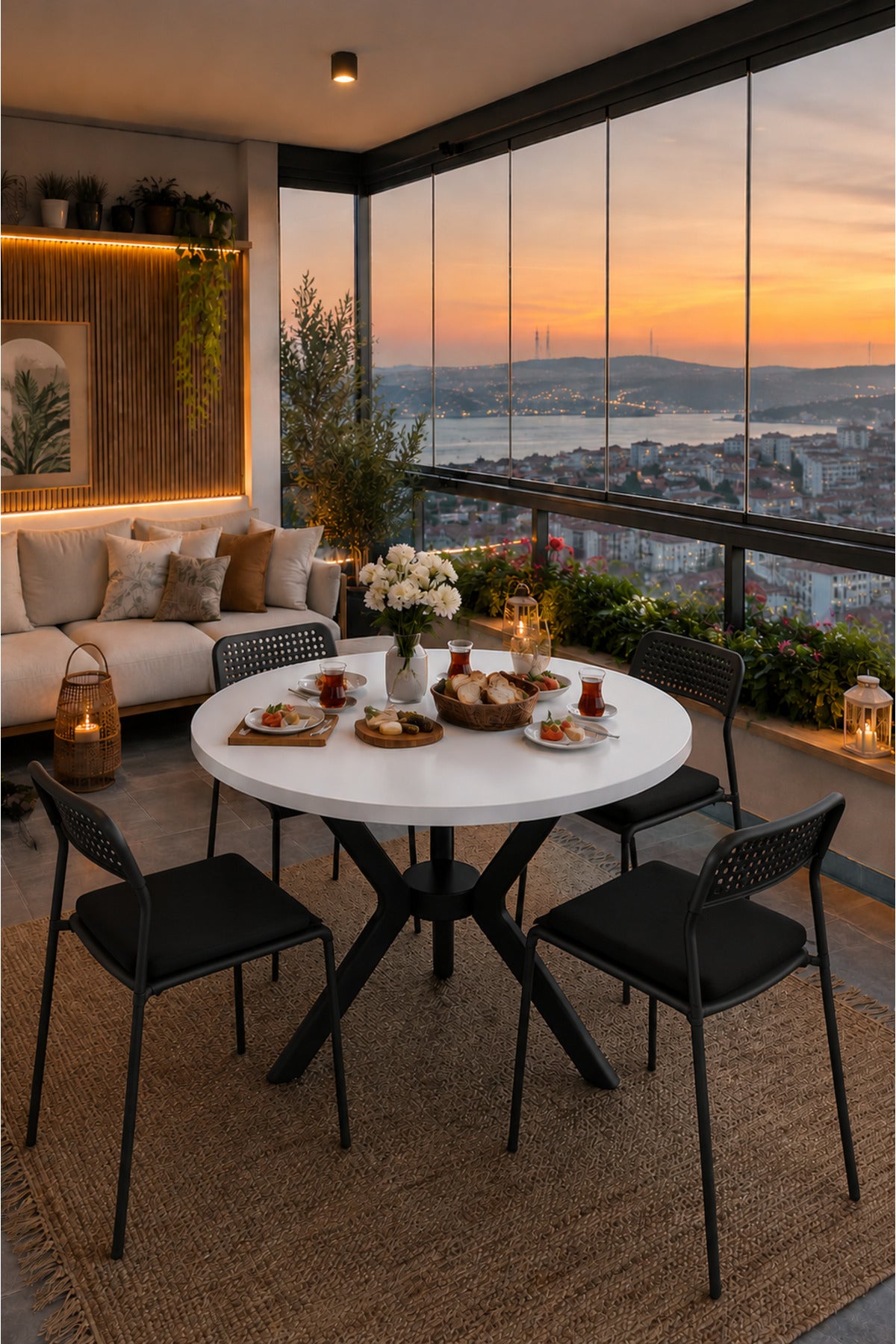 Beyaz 4 Kişilik Minderli Balkon Takımı, Balkon Masası, Balkon Sandalyesi, Yuvarlak Masa, Yemek Masası, Mutfak Masa Sandalye Takımı, 4 Sandalye 1 Masa