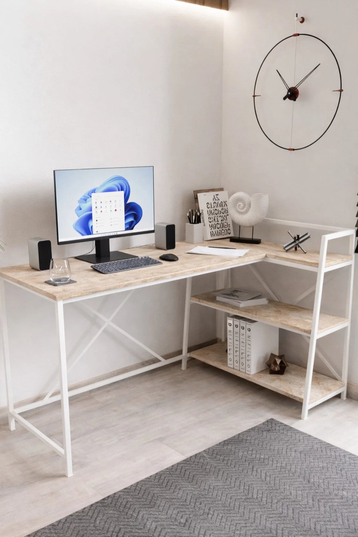 Flinder Merkür Renk Raflı Çift Yöne Uygun, Bilgisayar Masası, Ofis Masası, Çizim Masası, L masa