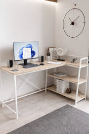 Flinder Merkür Renk Raflı Çift Yöne Uygun, Bilgisayar Masası, Ofis Masası, Çizim Masası, L masa