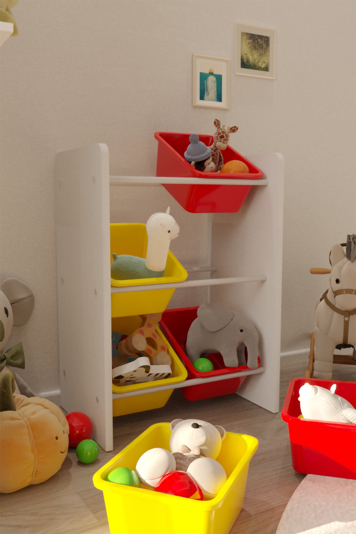 6 Sepetli Sarı ve Kırmızı Oyuncak Dolabı, Çok Amaçlı Dolap, Montessori Dolap