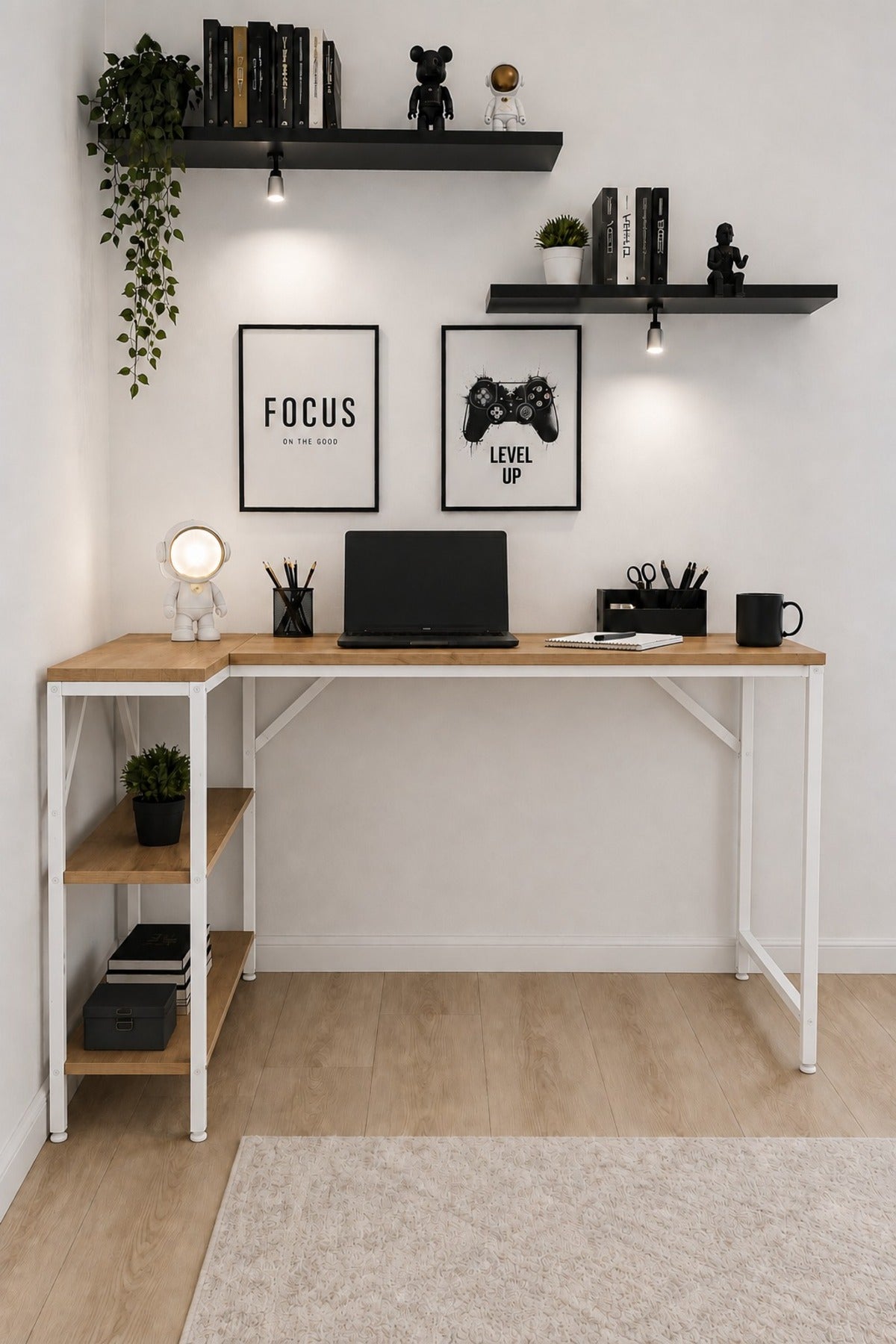 Çam/Beyaz L Masa, Kitaplıklı, Raflı, 120 Cm Çalışma Masası, Bilgisayar, Pc, Oyuncu, Gaming Masası Metal Ayaklı