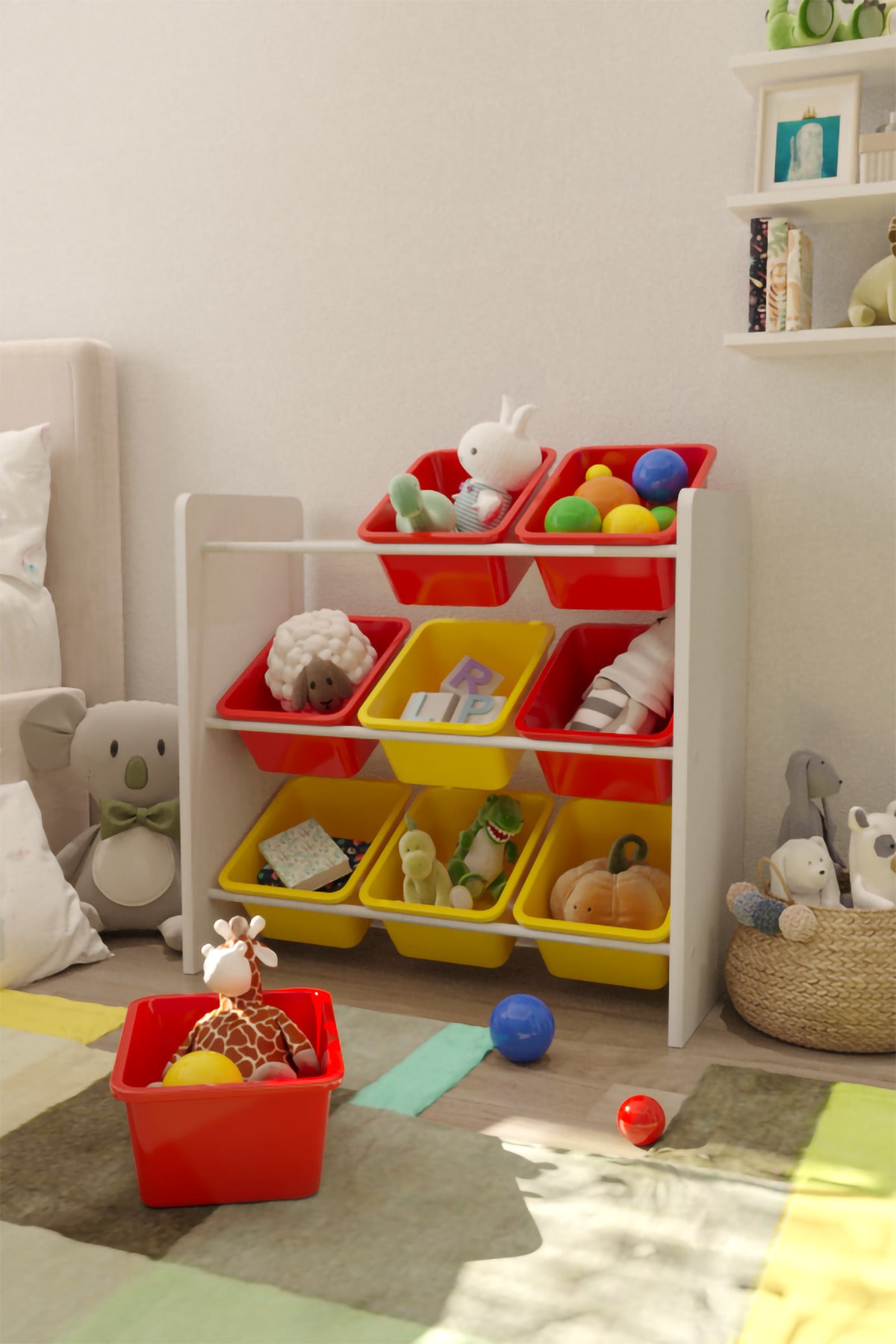 9 Sepetli Kırmızı ve Sarı Oyuncak Dolabı, Çok Amaçlı Dolap, Montessori Dolap