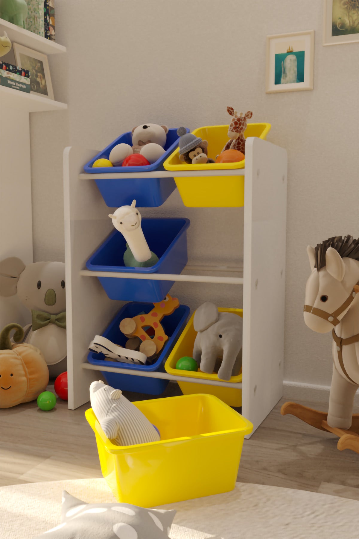 6 Sepetli Mavi ve Sarı Oyuncak Dolabı, Çok Amaçlı Dolap, Montessori Dolap