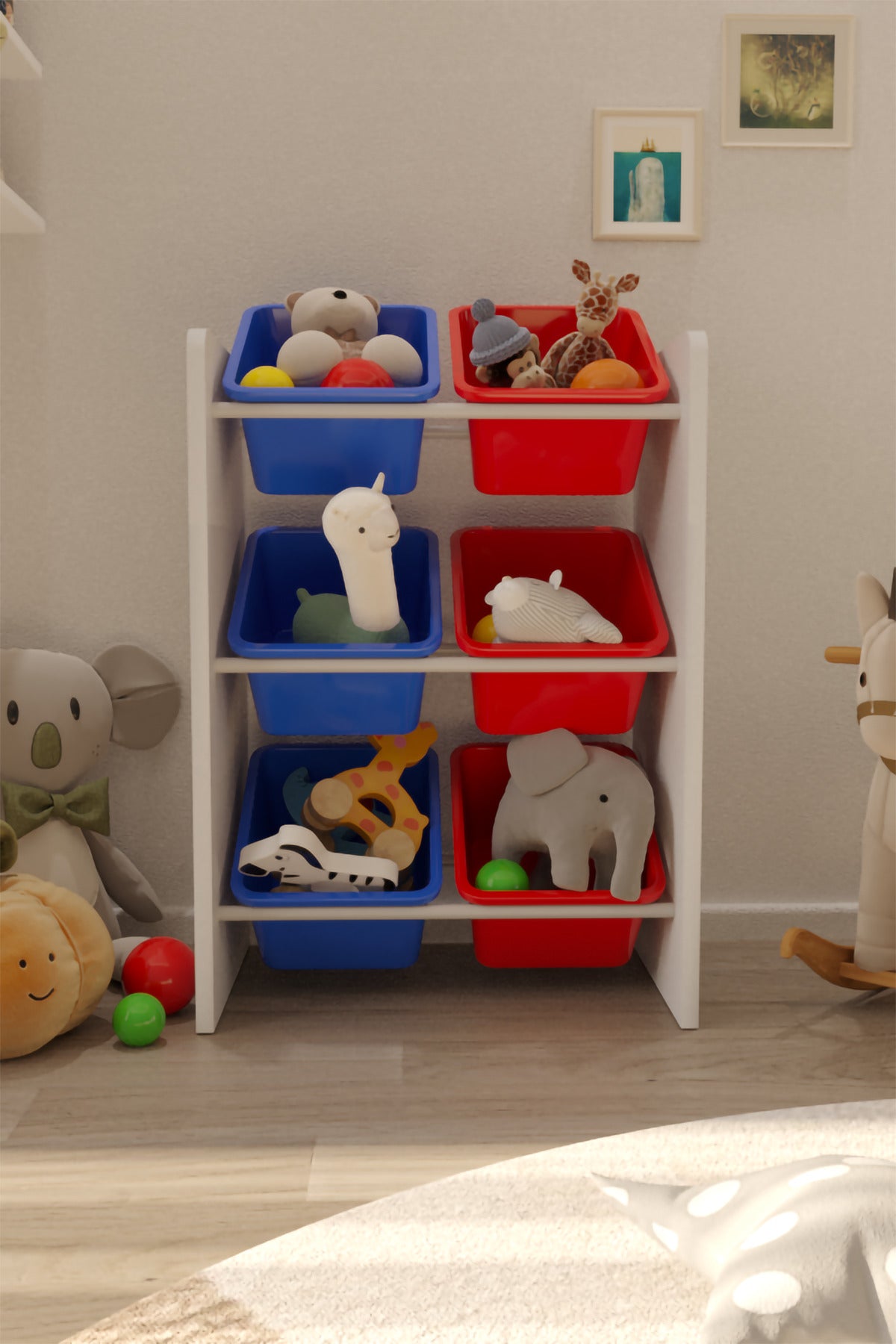 6 Sepetli Mavi ve Kırmızılı Oyuncak Dolabı, Çok Amaçlı Dolap, Montessori Dolap