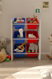 6 Sepetli Mavi ve Kırmızılı Oyuncak Dolabı, Çok Amaçlı Dolap, Montessori Dolap