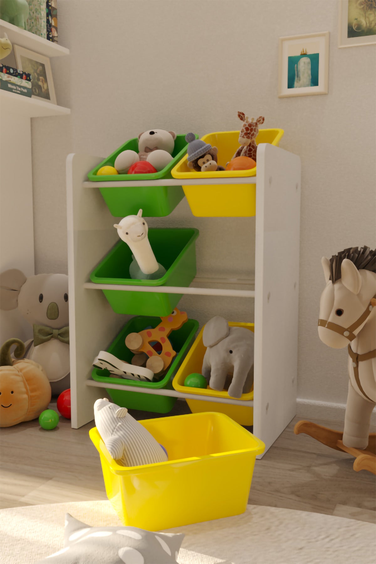 6 Sepetli Yeşil ve Sarı Oyuncak Dolabı, Çok Amaçlı Dolap, Montessori Dolap