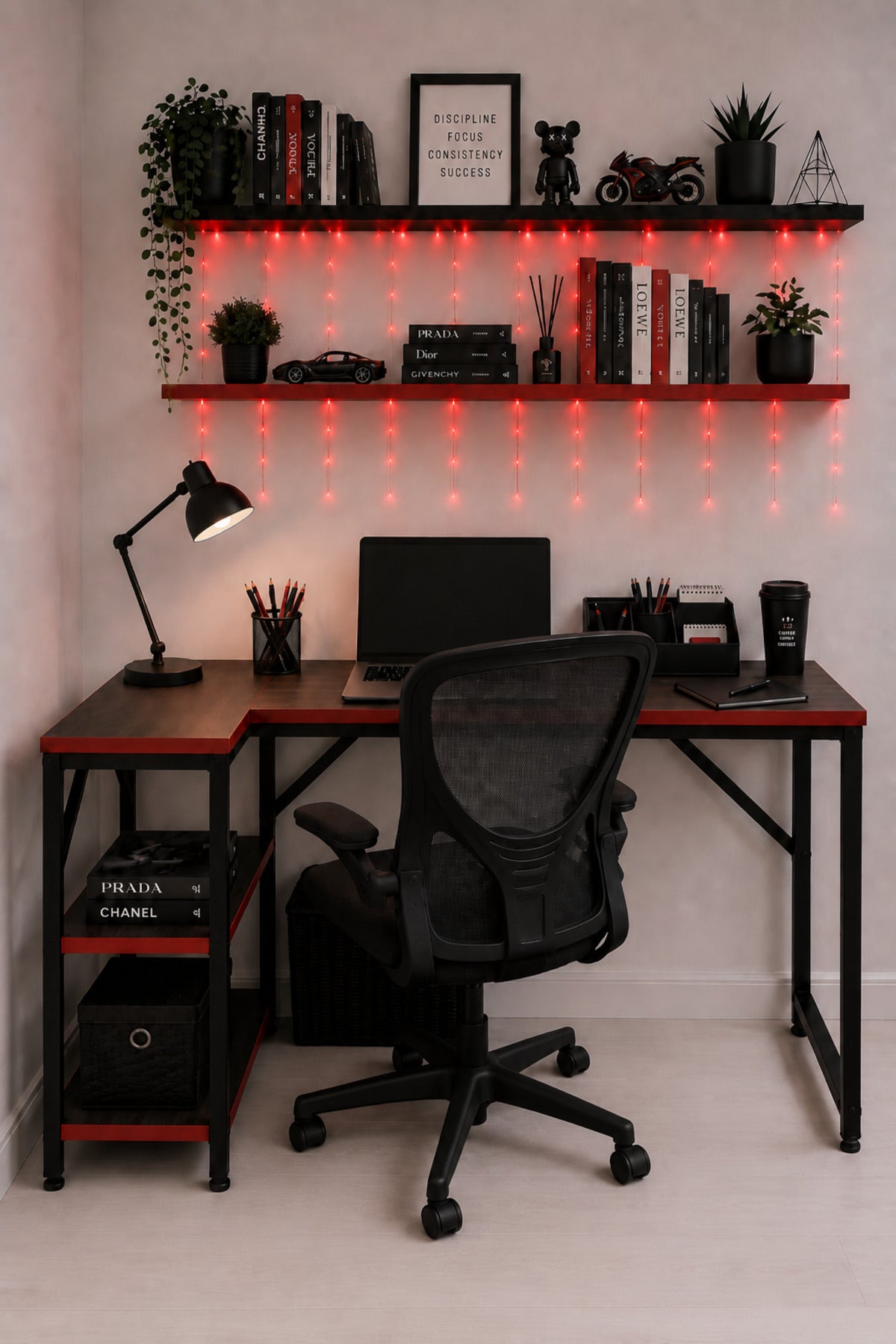 Siyah/Kırmızı L Masa, Kitaplıklı, Raflı, 120 Cm Çalışma Masası, Bilgisayar, Pc, Oyuncu, Gaming Masası Metal Ayaklı