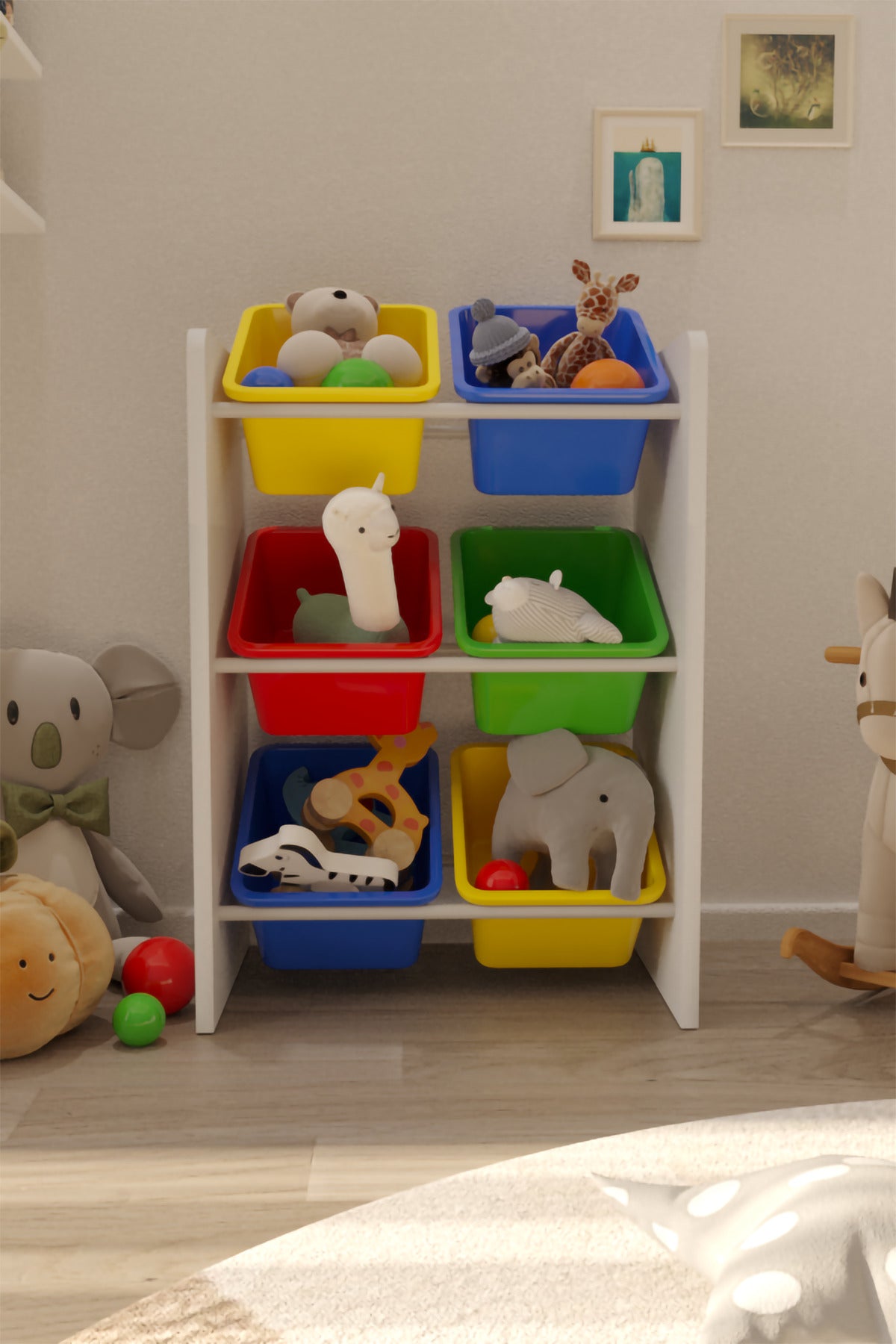 6 Sepetli Rengarenk Oyuncak Dolabı, Çok Amaçlı Dolap, Montessori Dolap
