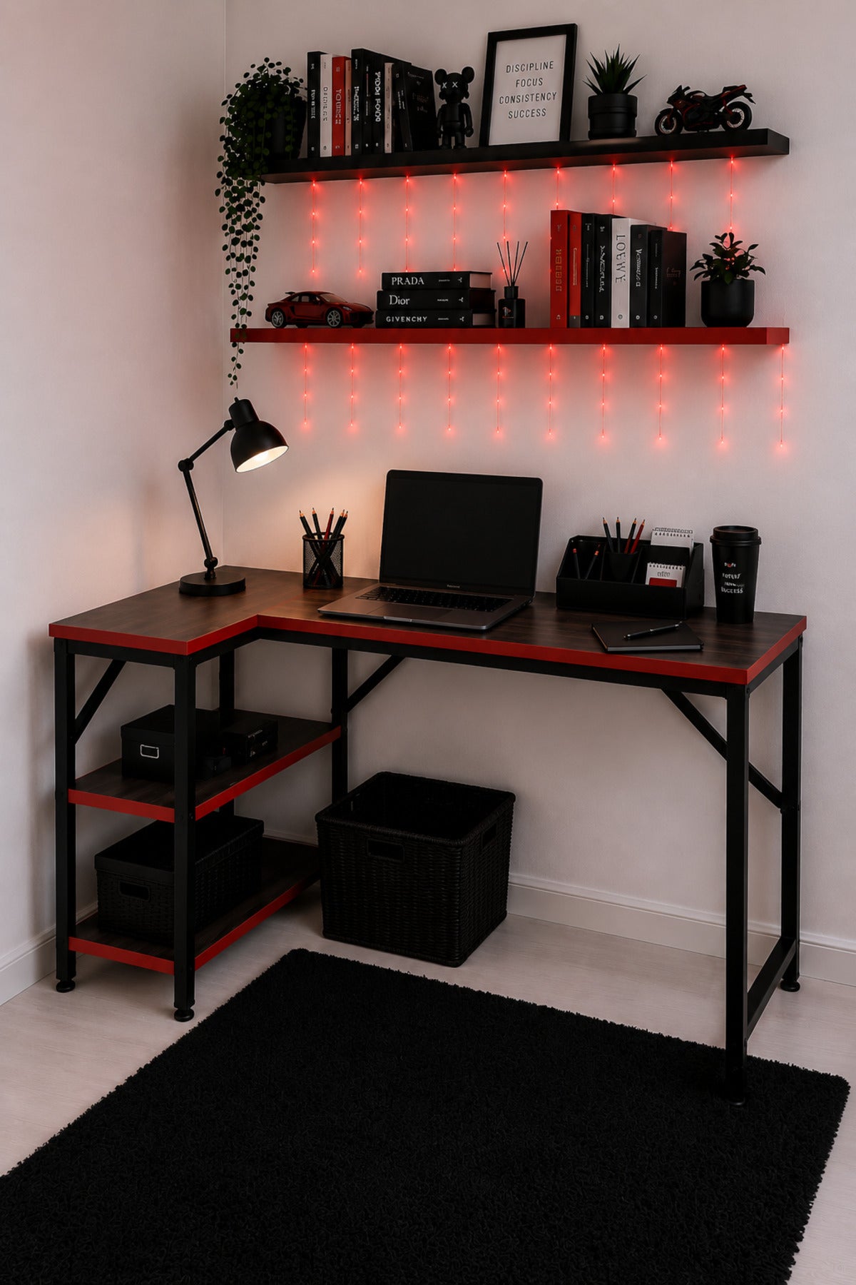 Siyah/Kırmızı L Masa, Kitaplıklı, Raflı, 120 Cm Çalışma Masası, Bilgisayar, Pc, Oyuncu, Gaming Masası Metal Ayaklı