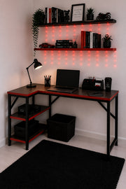Siyah/Kırmızı L Masa, Kitaplıklı, Raflı, 120 Cm Çalışma Masası, Bilgisayar, Pc, Oyuncu, Gaming Masası Metal Ayaklı