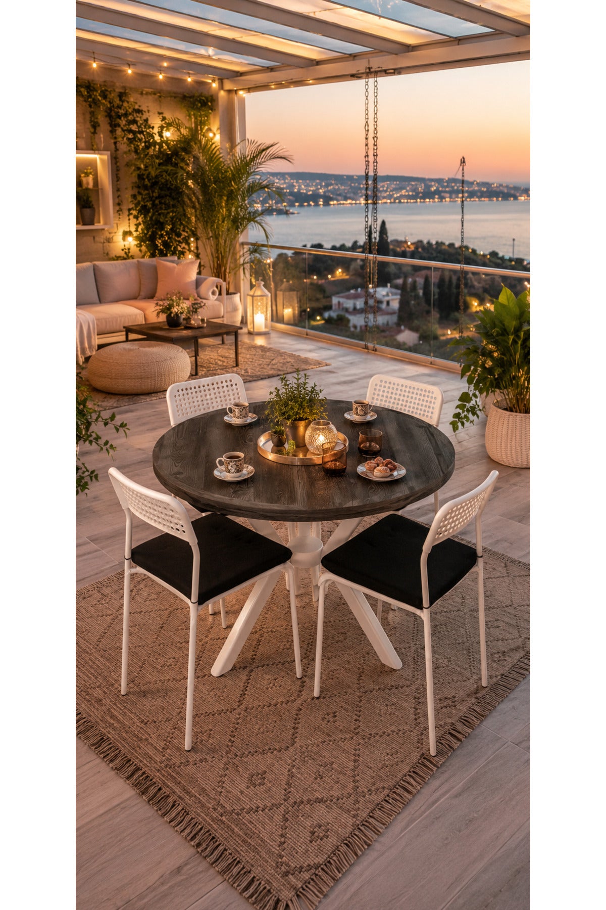 Siyah 4 Kişilik Minderli Balkon Takımı, Balkon Masası, Balkon Sandalyesi, Yuvarlak Masa, Yemek Masası, Mutfak Masa Sandalye Takımı, 4 Sandalye 1 Masa