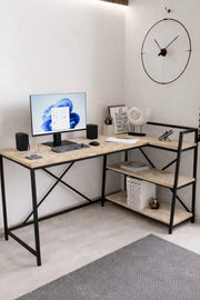 Flinder Merkür Renk Raflı Çift Yöne Uygun, Bilgisayar Masası, Ofis Masası, Çizim Masası, L masa