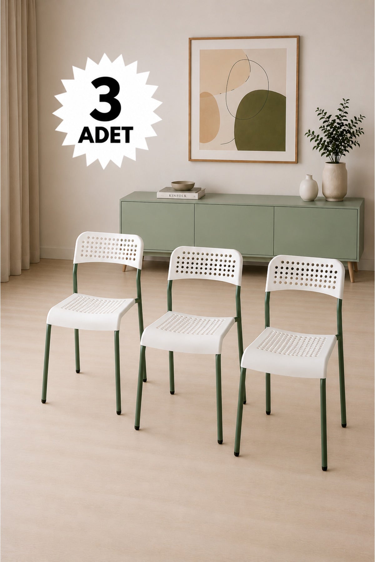 Mira Beyaz/ Yeşil Sandalye Plastik Gövdeli Metal Ayaklı, Mutfak Sandalyesi, Çalışma, Bahçe, Yemek Oda