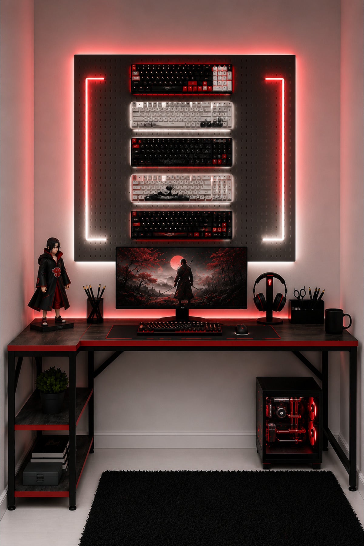 Siyah/Kırmızı L Masa, Kitaplıklı, Raflı, 120 Cm Çalışma Masası, Bilgisayar, Pc, Oyuncu, Gaming Masası Metal Ayaklı