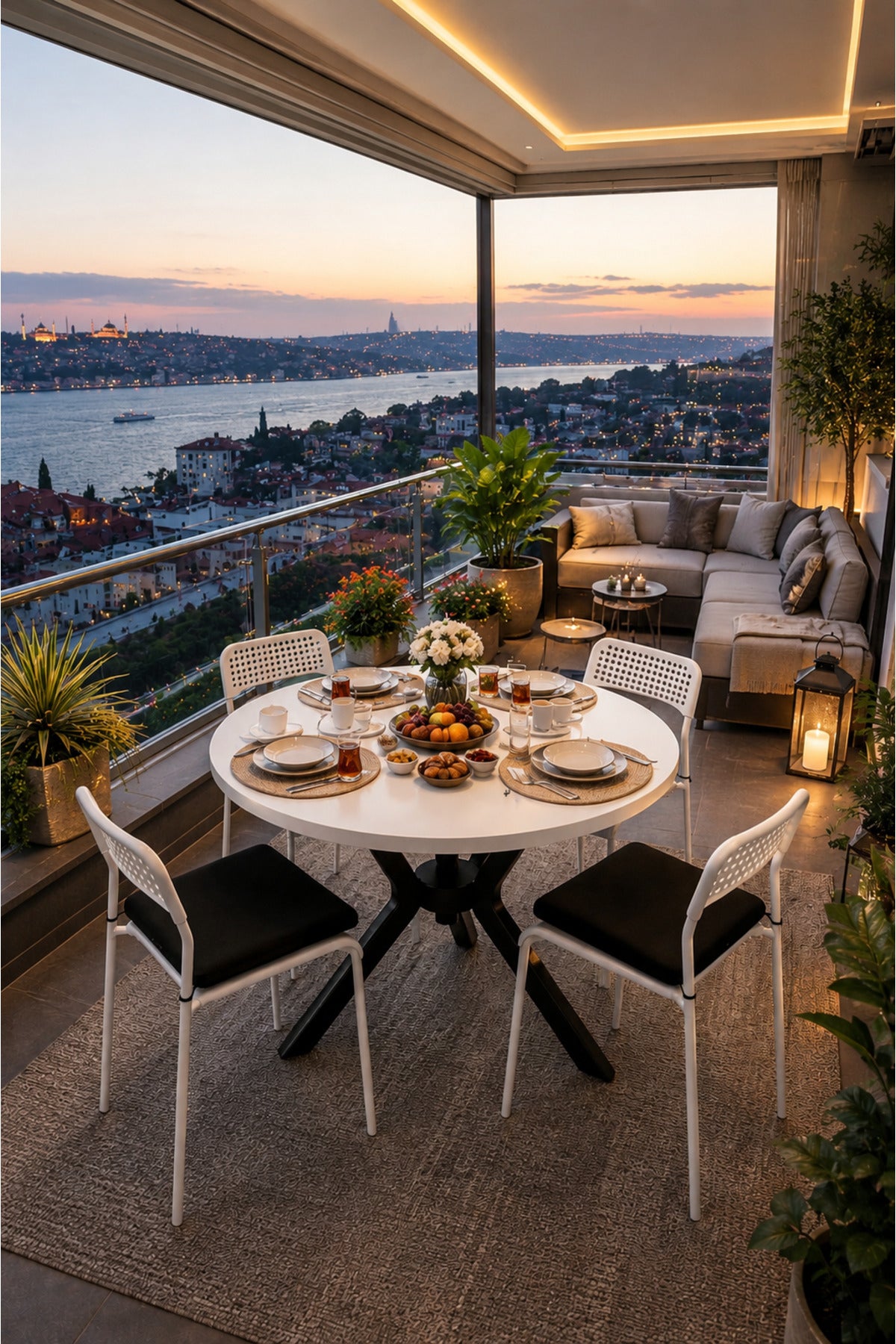 Beyaz 4 Kişilik Minderli Balkon Takımı, Balkon Masası, Balkon Sandalyesi, Yuvarlak Masa, Yemek Masası, Mutfak Masa Sandalye Takımı, 4 Sandalye 1 Masa
