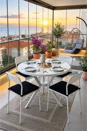 Beyaz 4 Kişilik Minderli Balkon Takımı, Balkon Masası, Balkon Sandalyesi, Yuvarlak Masa, Yemek Masası, Mutfak Masa Sandalye Takımı, 4 Sandalye 1 Masa