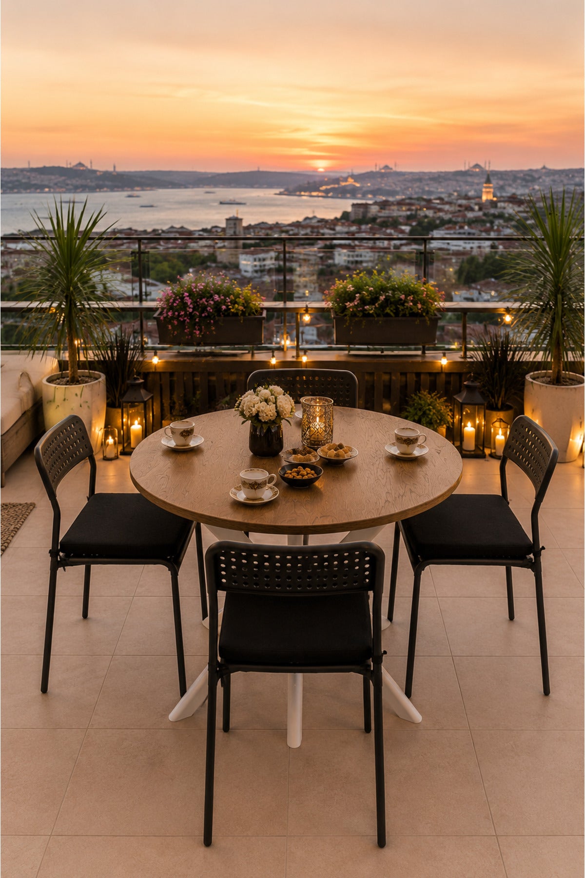 Çam 4 Kişilik Minderli Balkon Takımı, Balkon Masası, Balkon Sandalyesi, Yuvarlak Masa, Yemek Masası, Mutfak Masa Sandalye Takımı, 4 Sandalye 1 Ma