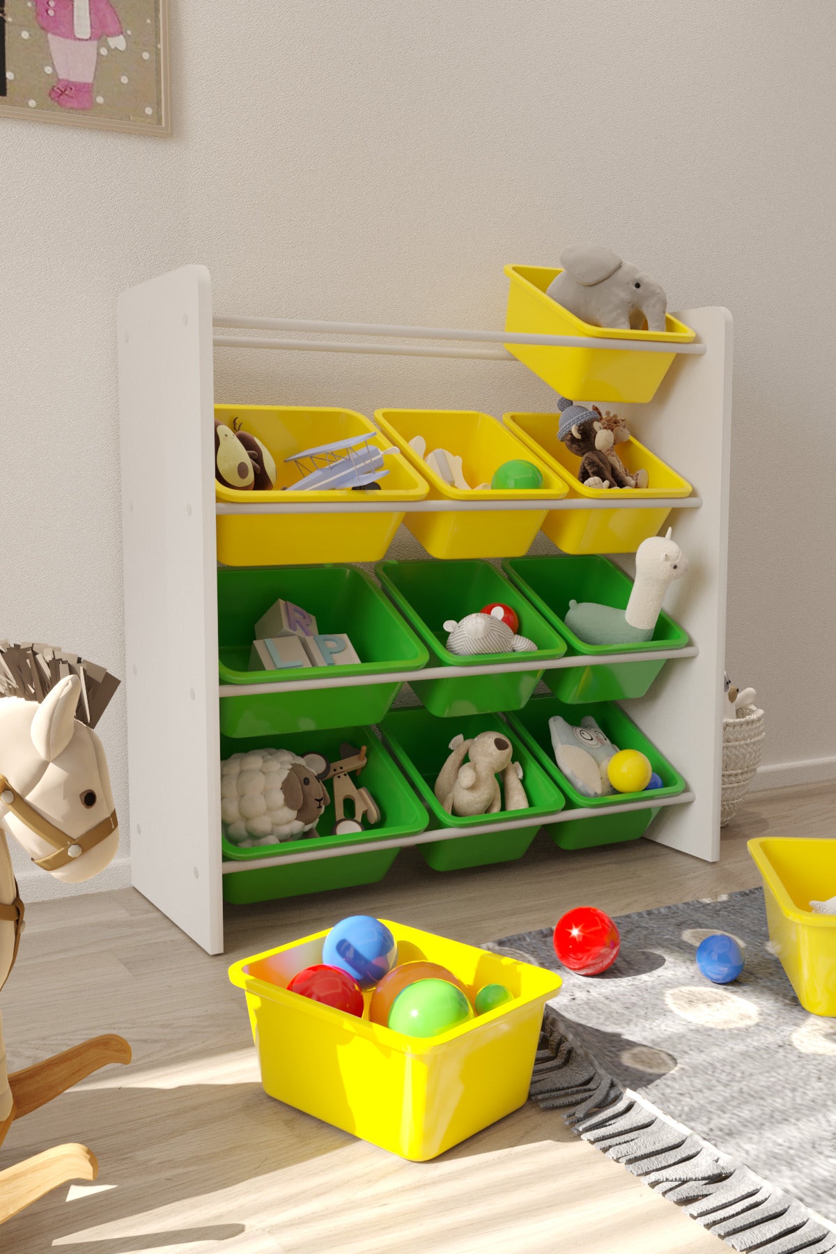12 Sepetli Sarı ve Yeşil Oyuncak Dolabı, Çok Amaçlı Dolap, Montessori Dolap